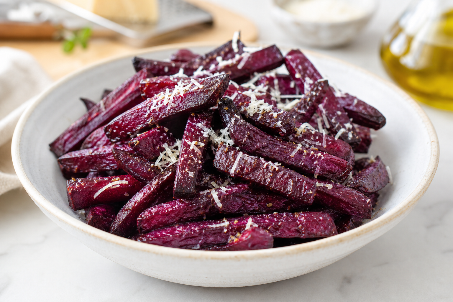 Skål med røde rødbedefritter og revet parmesan