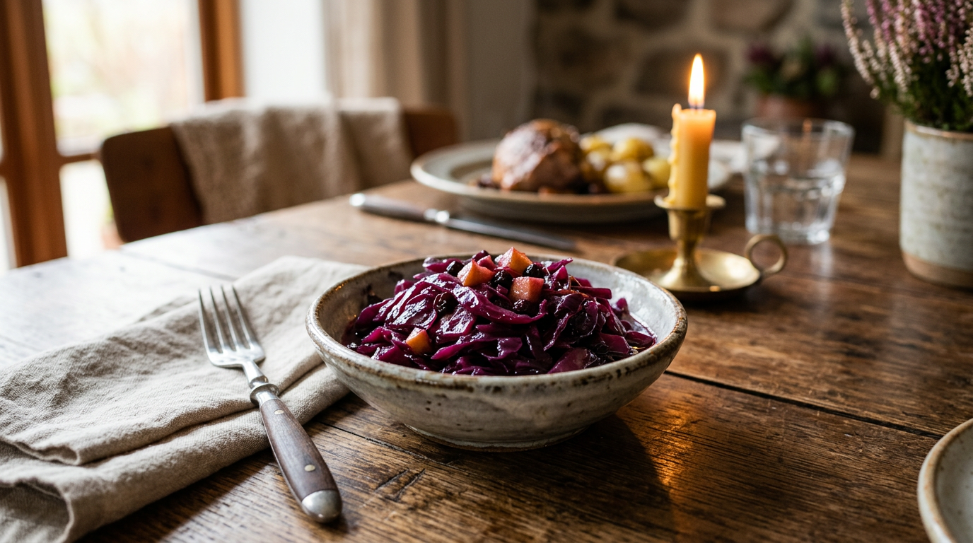 Glaseret rødkål i skål ved siden af kød og kartofler