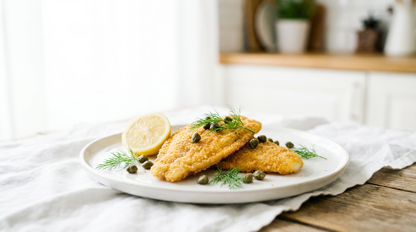 Panerede rødspættefileter med citron og kapers på hvid tallerken, lyst nordisk fisk foto