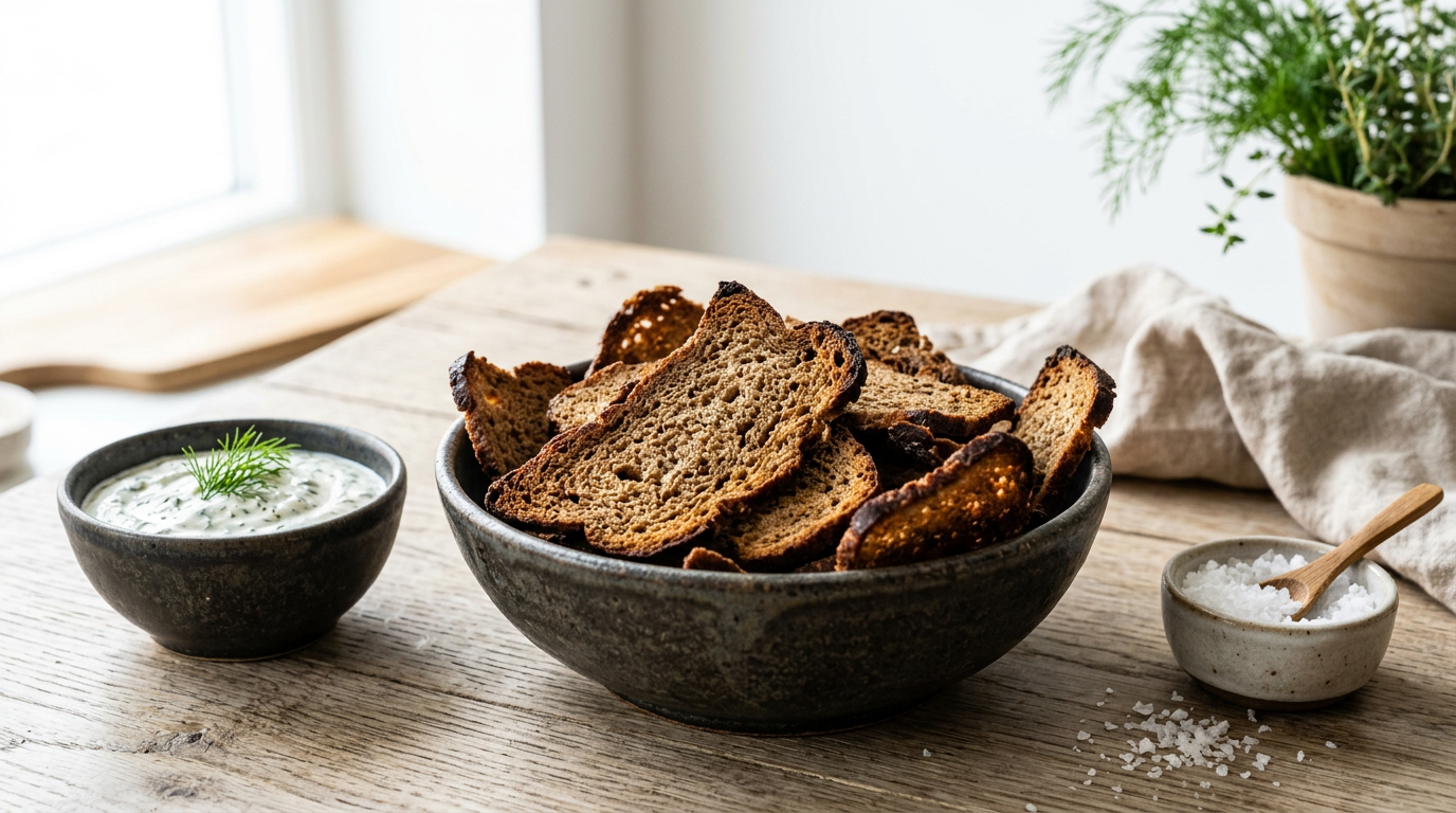 Mørke rugbrødschips i skål med dip og friske urter