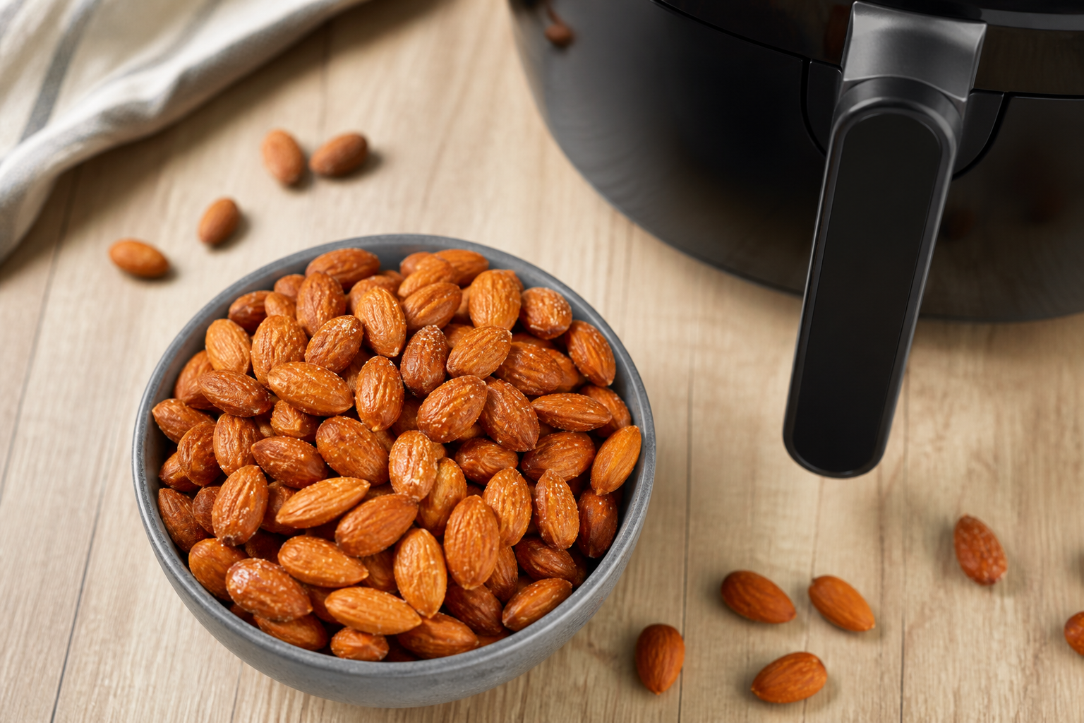 Gyldne saltede mandler i lille skål på lys træoverflade, airfryer i baggrunden ud af fokus.