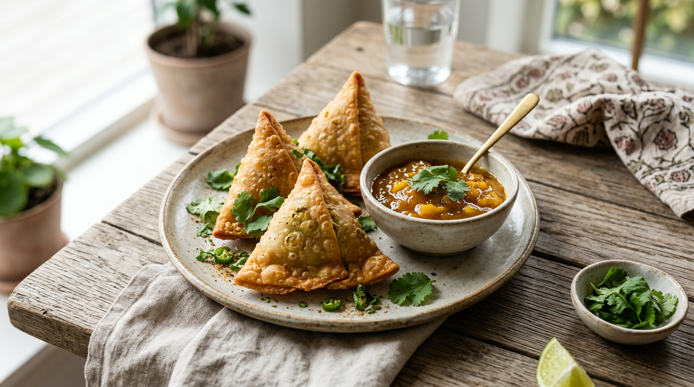 Gyldne samosa-trekanter med chutney og friske urter på fad