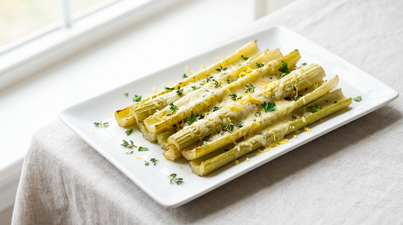Bagte selleristænger med revet parmesan og citronskal på rektangulær tallerken, lyst nordisk tilbehør