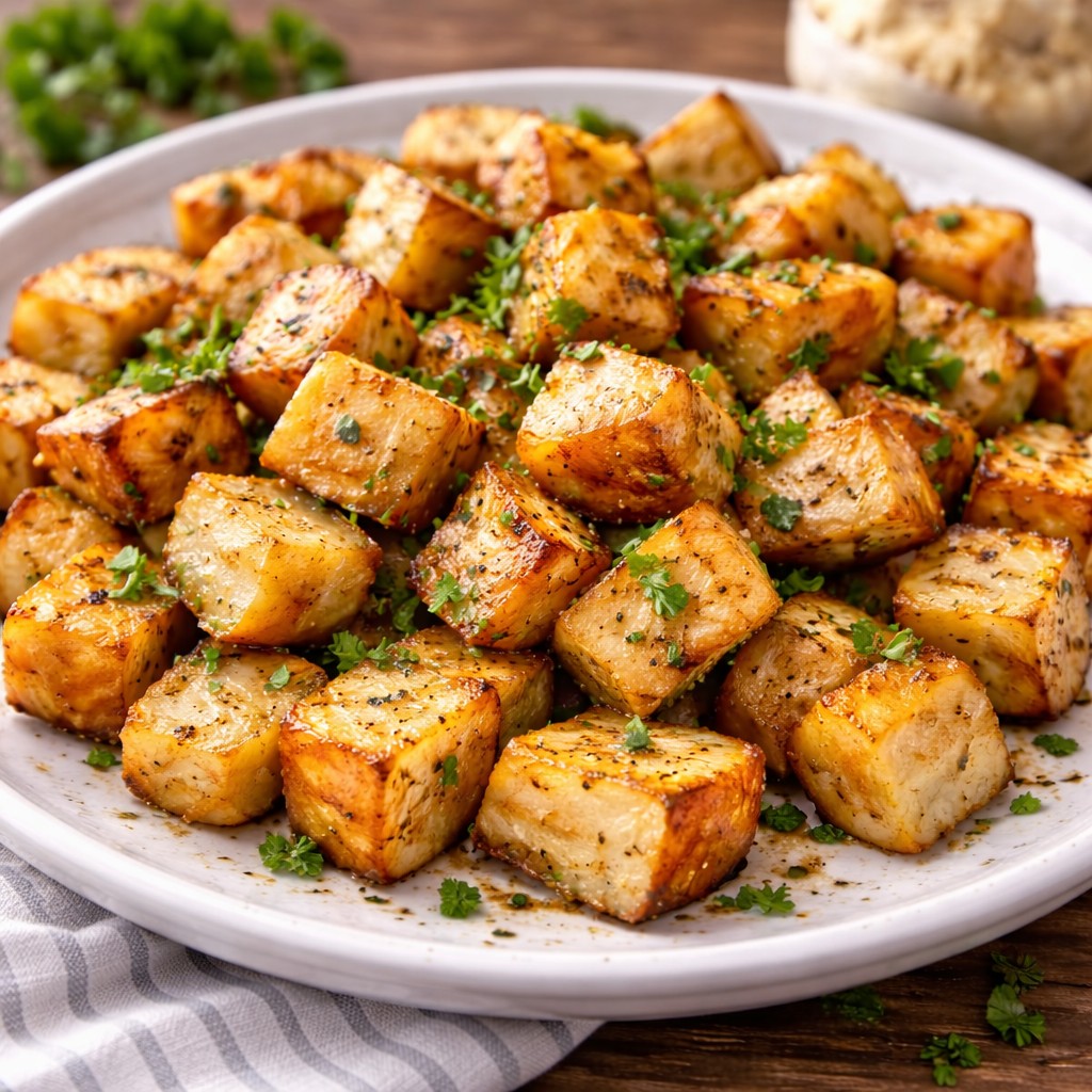 Hvide tallerken fyldt med gyldne ristede knoldselleri-tern drysset med frisk persille og peber