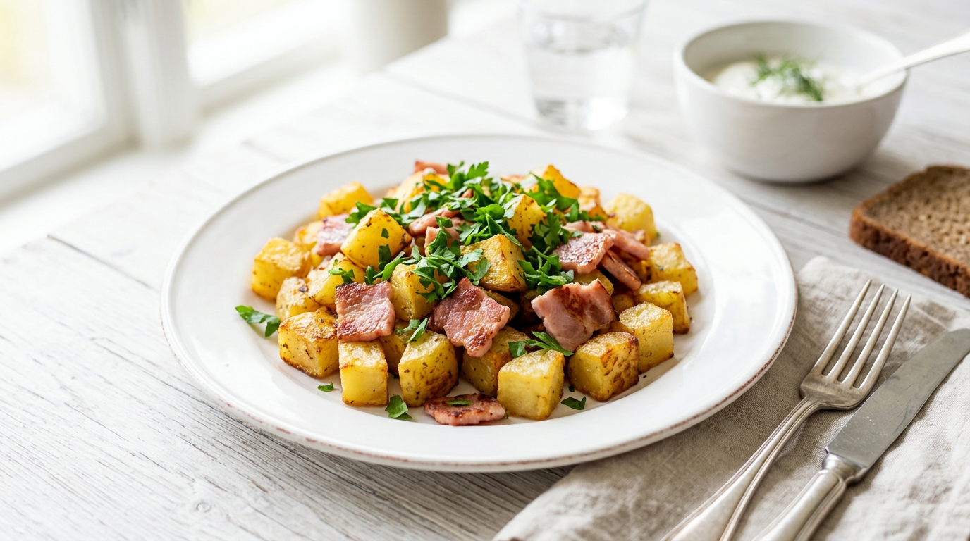 Gyldne kartoffeltern med skinkestrimler på hvid tallerken med persille, lyst morgenmads foto