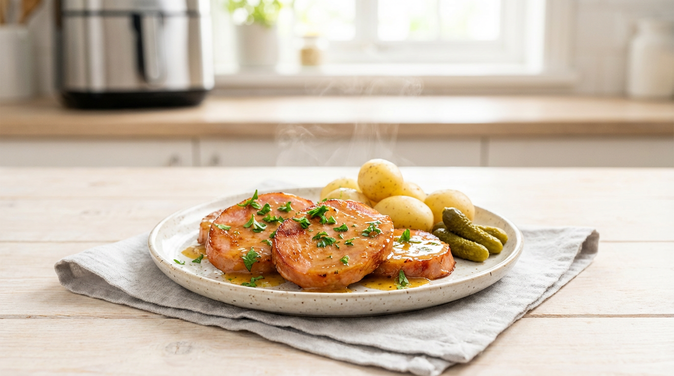 Skinkemedaljoner med gylden glace på tallerken med sennepssovs og grønt, lyst bord og airfryer i baggrunden
