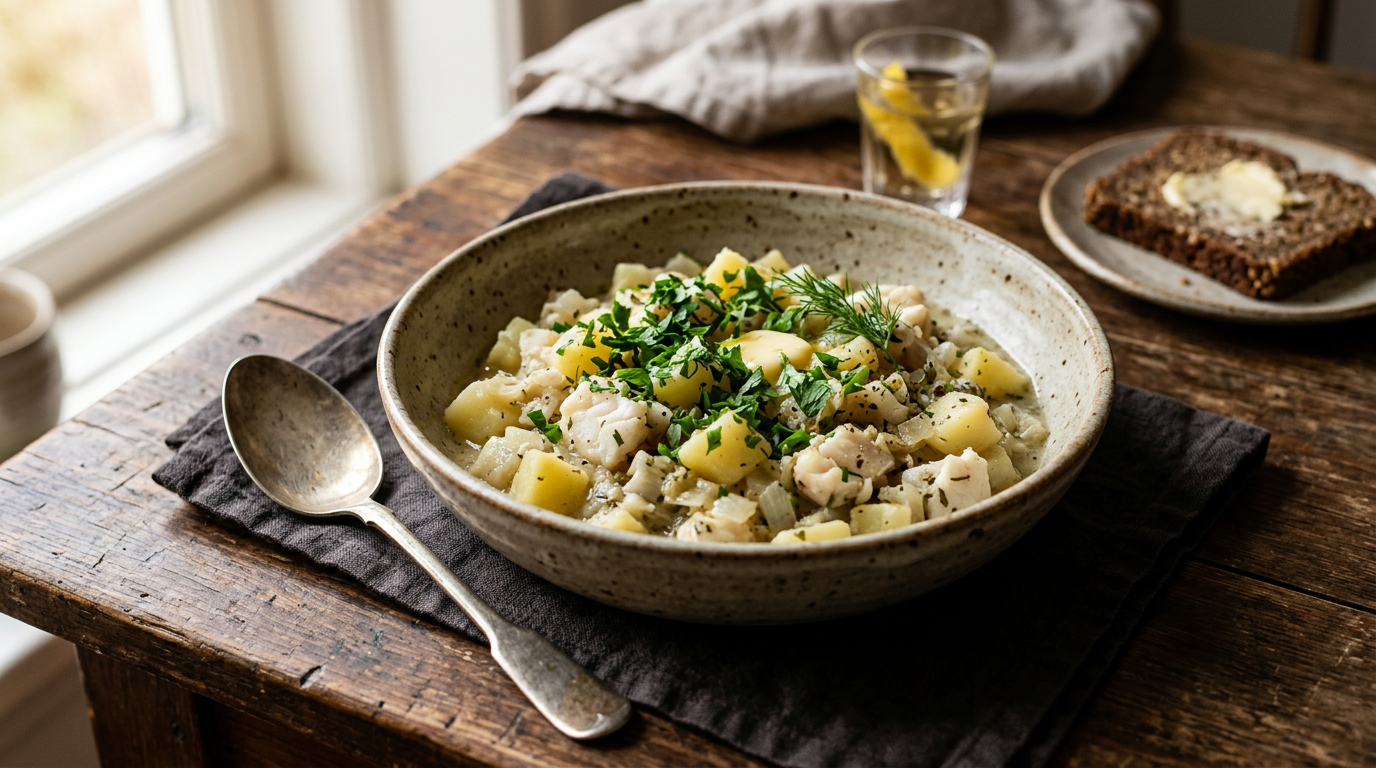 Skipperlabskovs med kartofler, fisk og persille i skål
