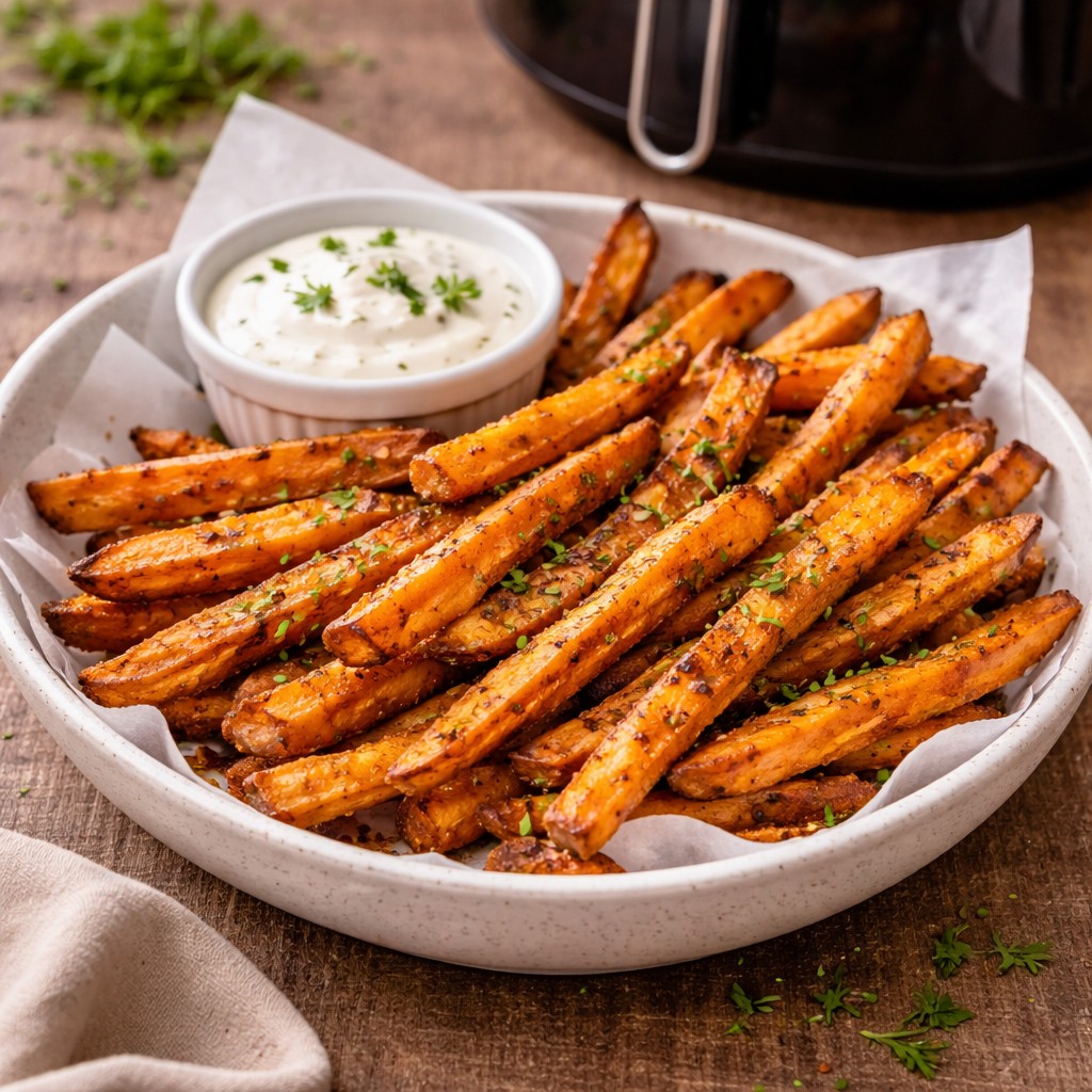 Sprøde søde kartoffelfritter med cremet dip på tallerken foran en airfryer