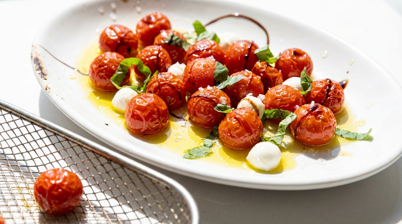 Glansfulde halvtørre tomater med olie, basilikum og salt, appetitlig makro-stemning på lyst træ, airfryer antydet i baggrunden
