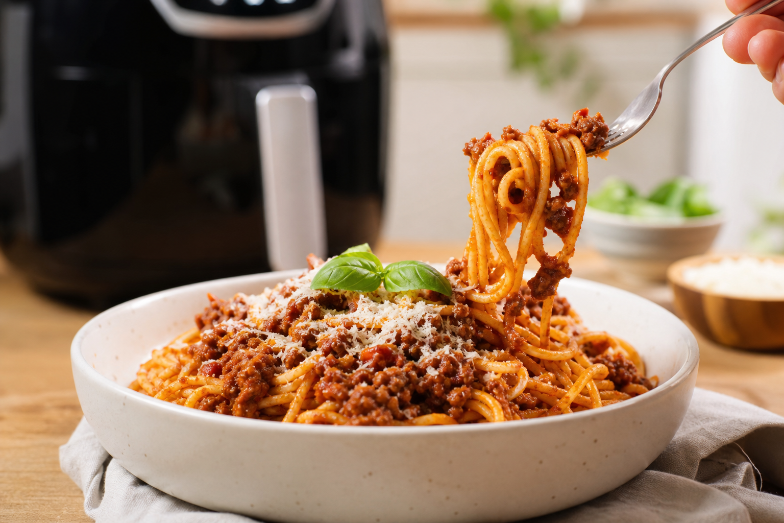 Skål spaghetti med rig kødsovs, revet parmesan og basilikum, lys træ og airfryer i udvisket fokus bagved.