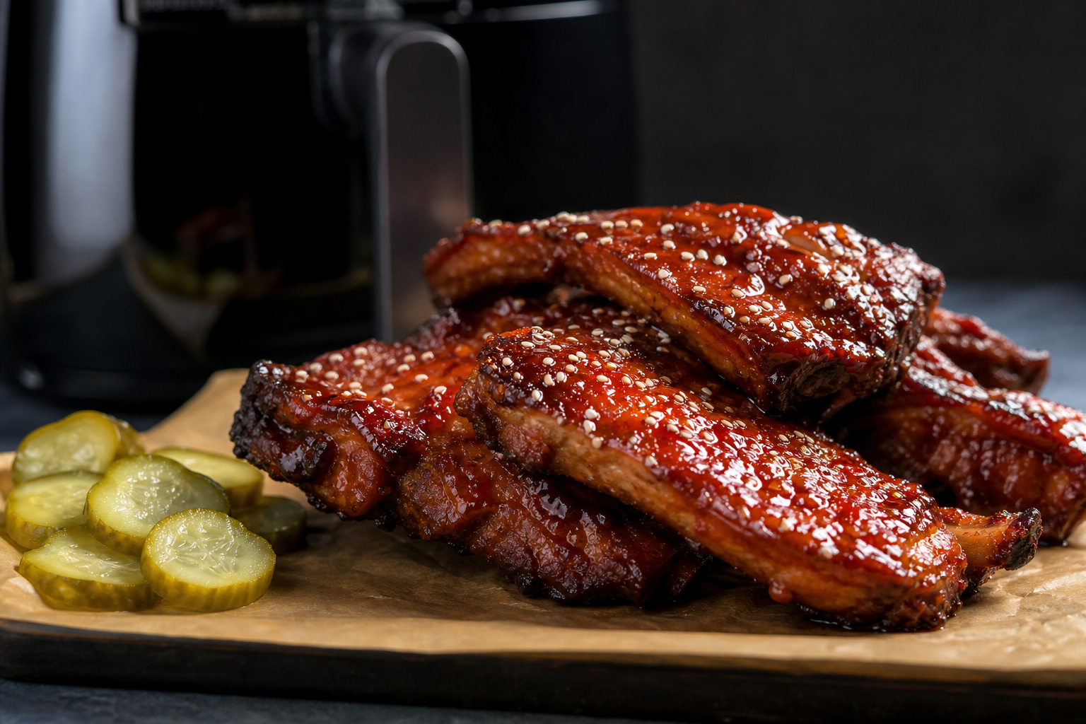 Blank BBQ-spareribs på fad med tilbehør, appetitlig lysopsætning, airfryer i udvisket baggrund.