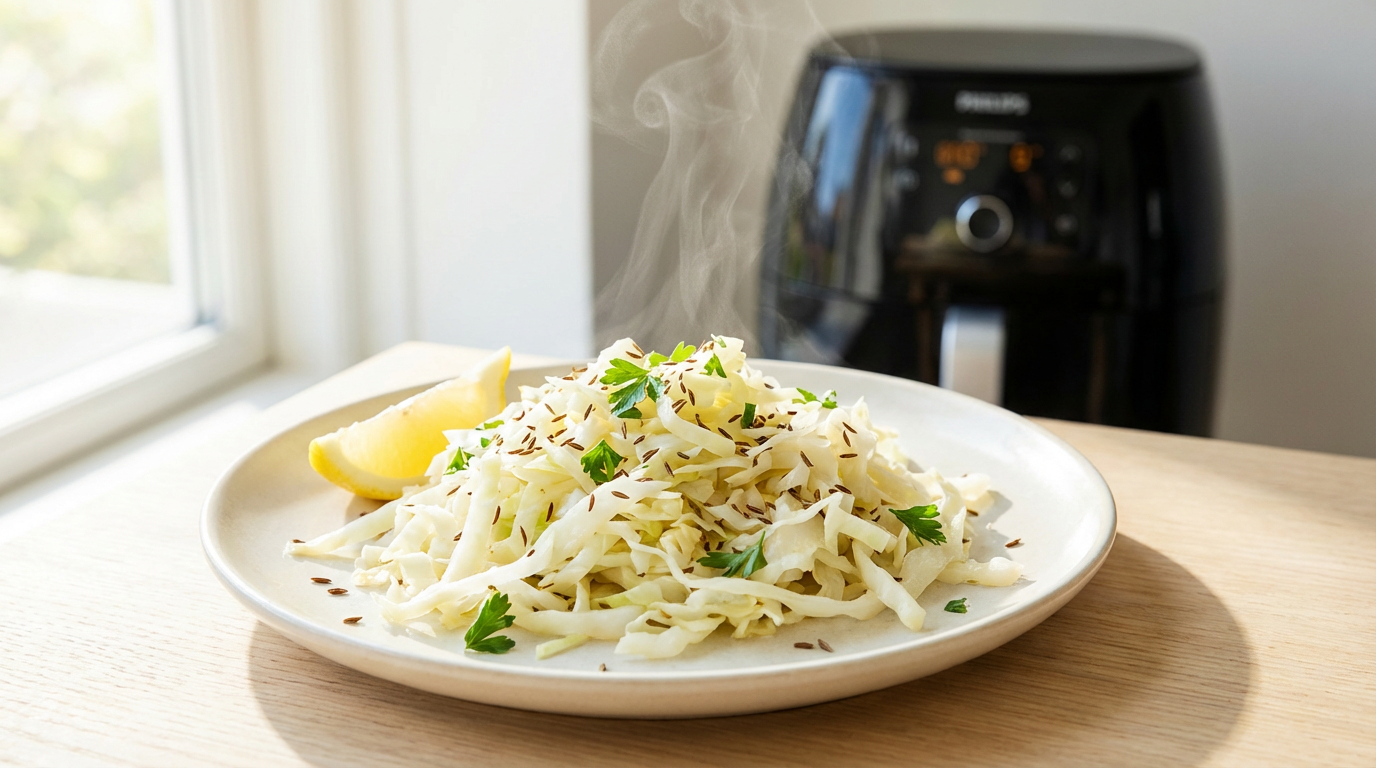 Strimlet spidskål med gyldne kanter på tallerken med kommen og citron, lyst køkkenlys og airfryer i baggrunden