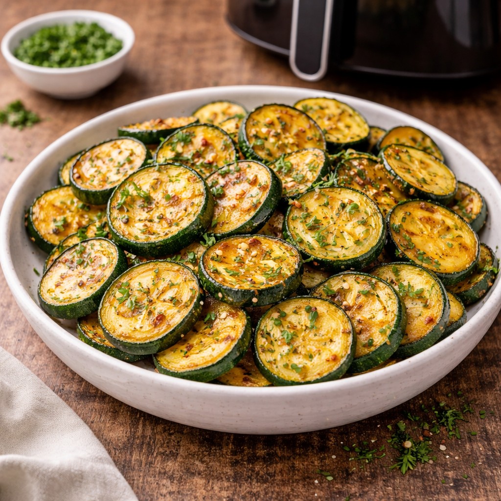 Skiver af squash stegt i airfryer med urter og let gylden overflade