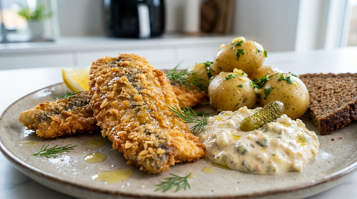 Lys nordisk stil: panerede stegte sild med citron og kartoffel på tallerken, lyst træ, airfryer i baggrunden