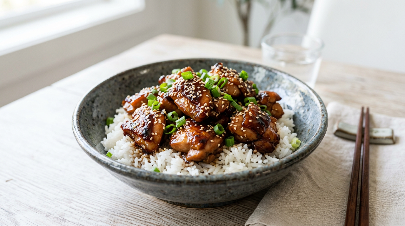 Blank sticky kylling med sesam og forårsløg på skål med ris