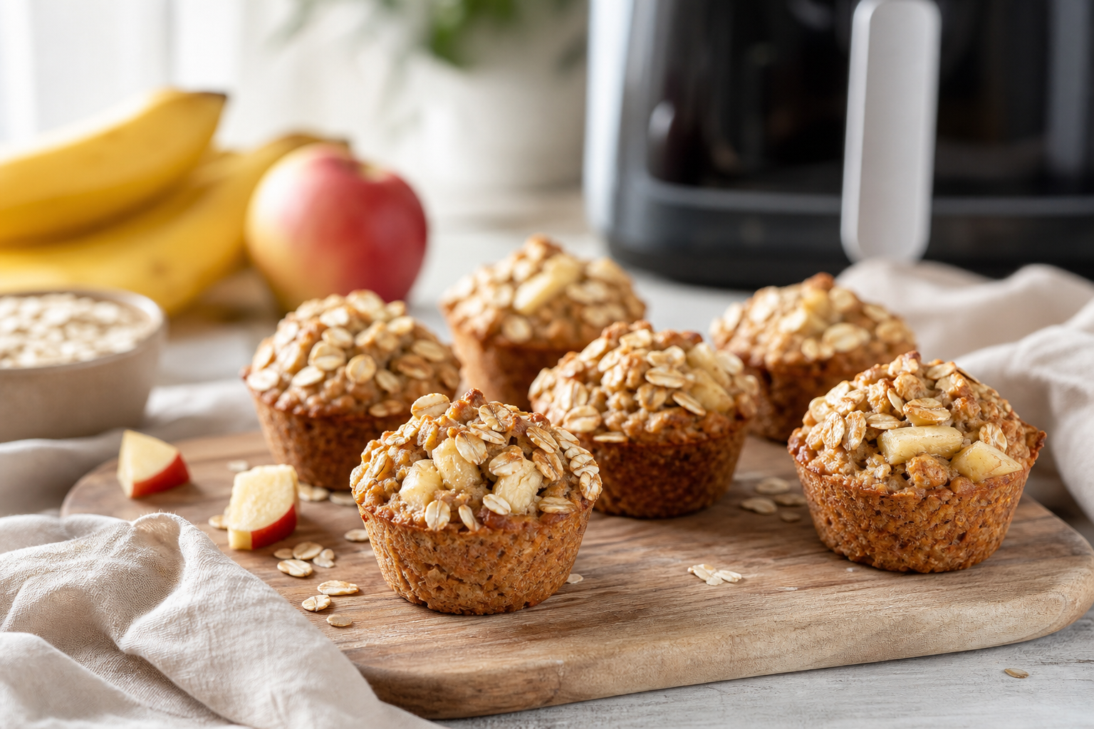 Sunde muffins med havregryn og banan på træfad ved airfryer