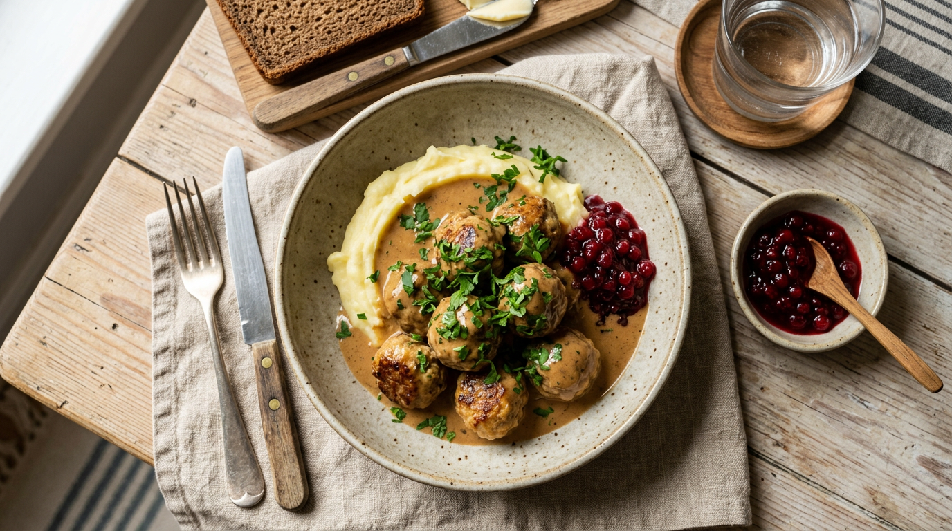 Gyldne kødboller i cremet brun sauce med persille i gryde ved siden af fad