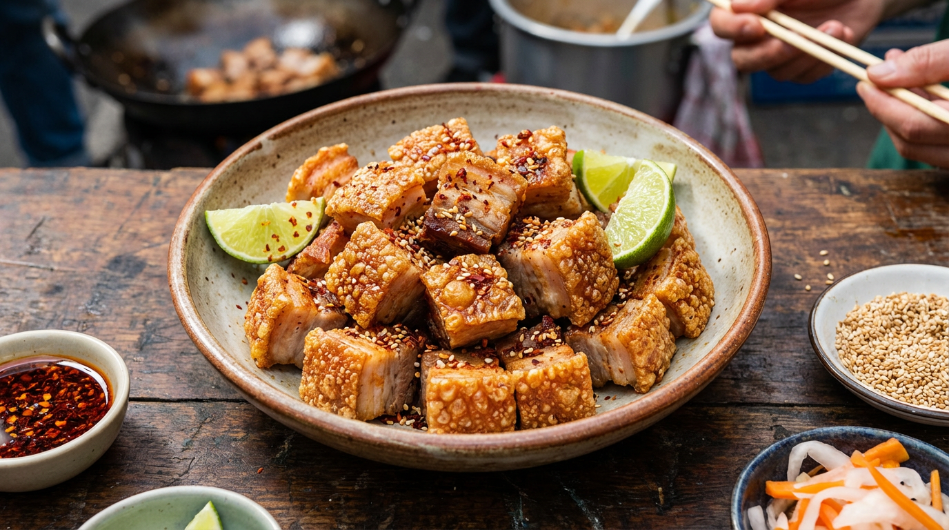 Gyldne sprøde svinebukser-tern i skål med chili og lime