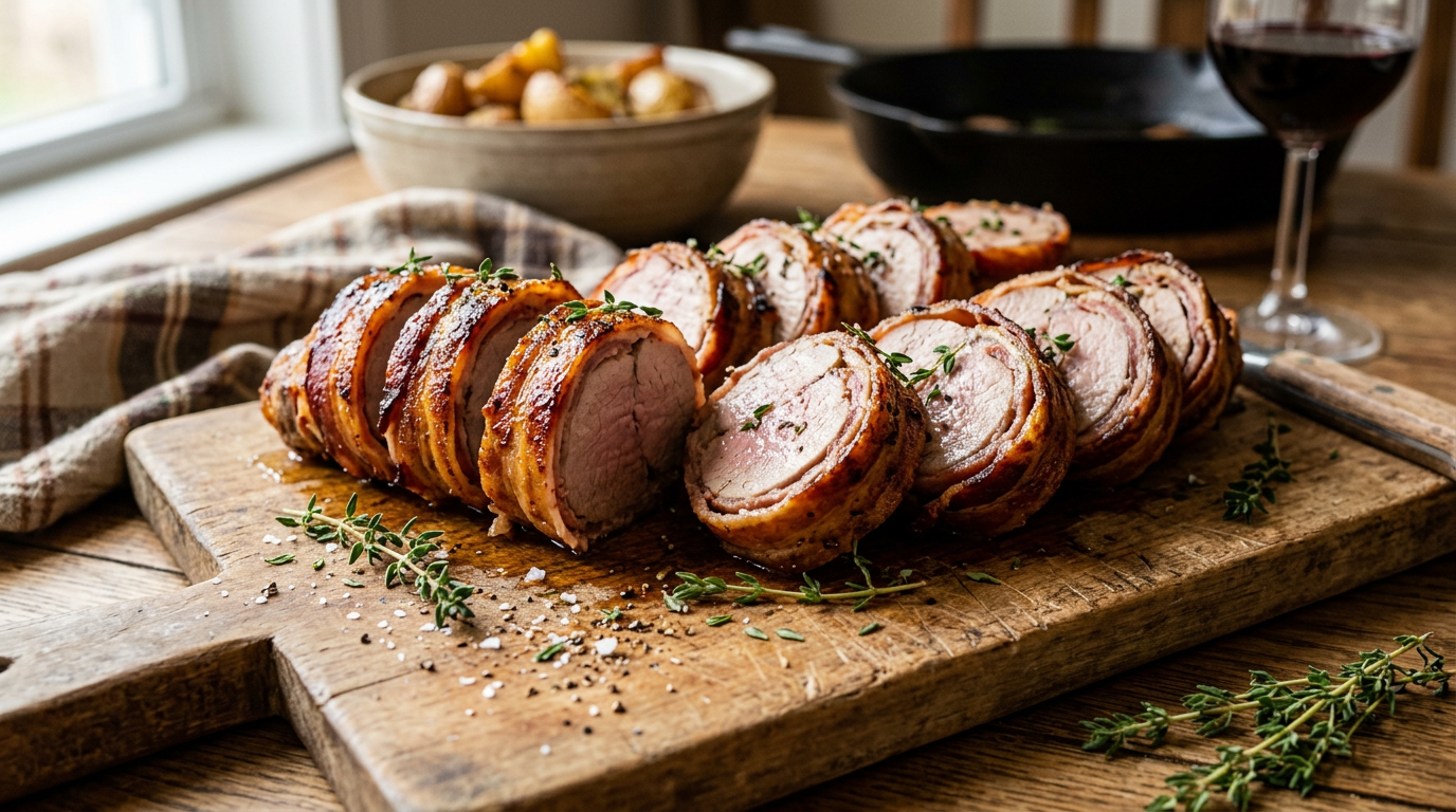 Hel baconviklet svinefilet skåret i medallions på tallerken med urter