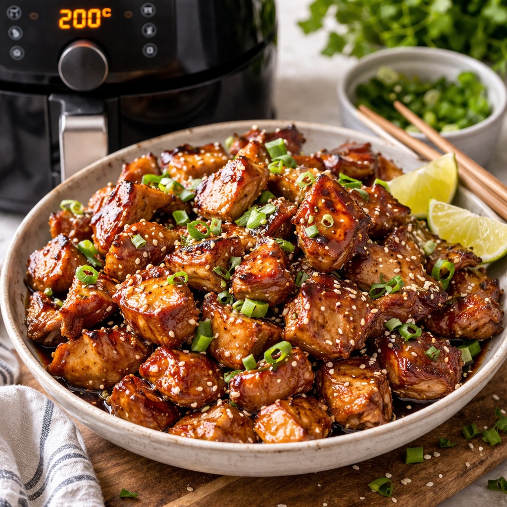 Sticky teriyaki svine tern med sesam, forårsløg og lime i skål ved airfryer