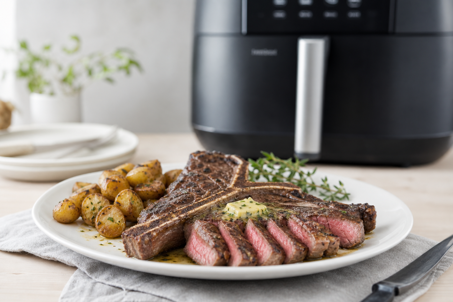 Skåret t-bone steak med rosa midte, urtesmør og kartofler på hvid tallerken