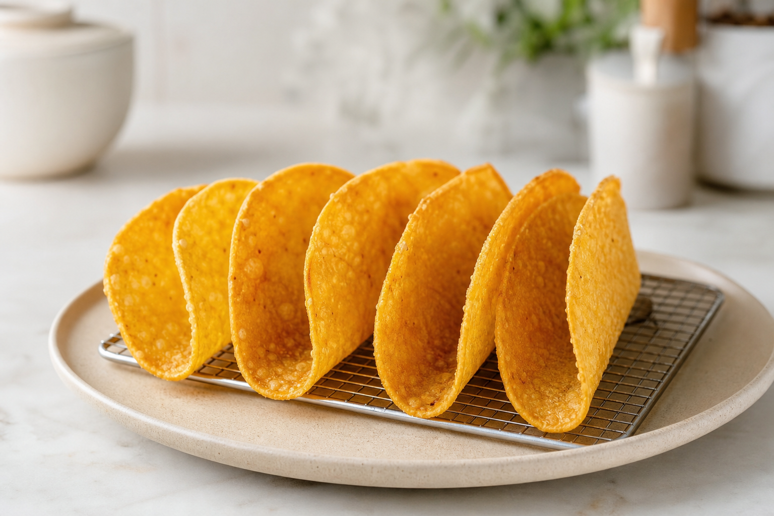 Gyldne tacoskaller stående på rist efter airfryer