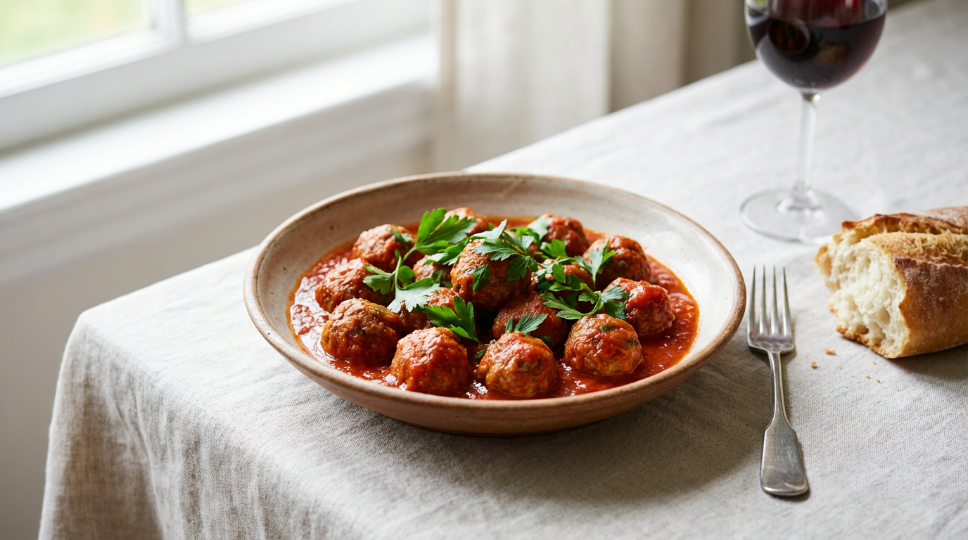 Små kødboller albondigas med tomatsauce og persille