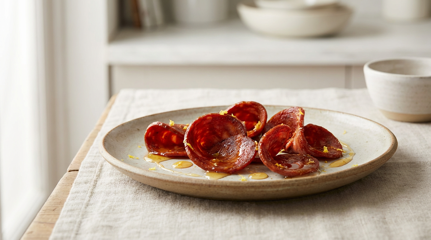 Stegte chorizo-skiver med citron og honning på tapasfad