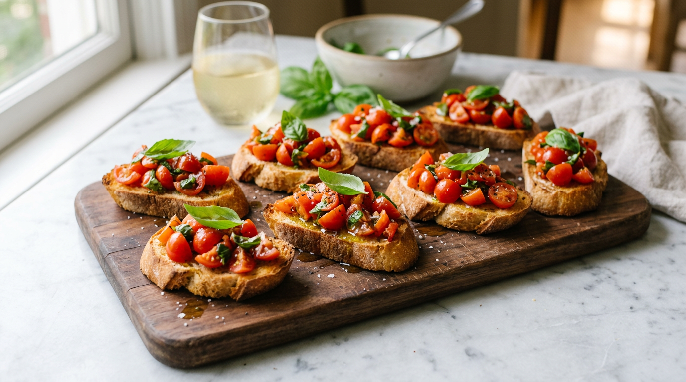 Crostini med frisk tomat, basilikum og olivenolie på fad