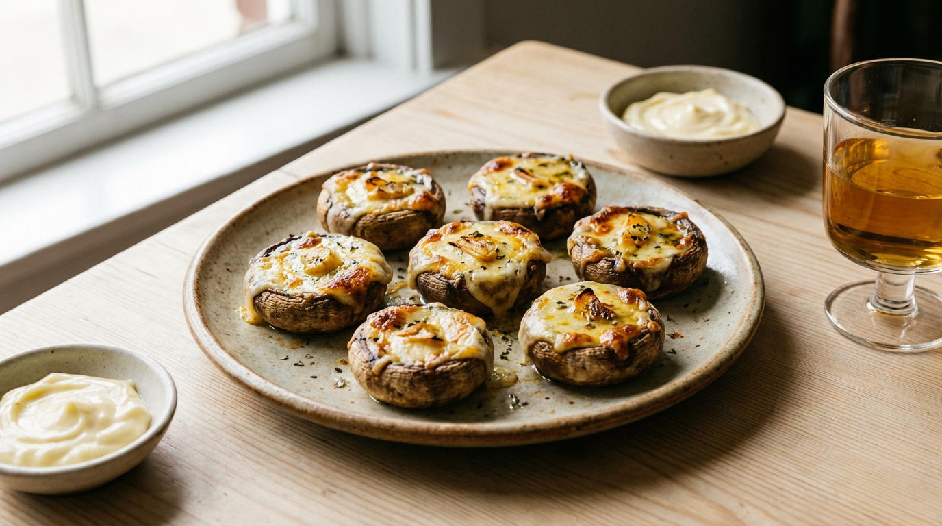 Fyldte bagte champignoner med smeltet ost på tapasfad