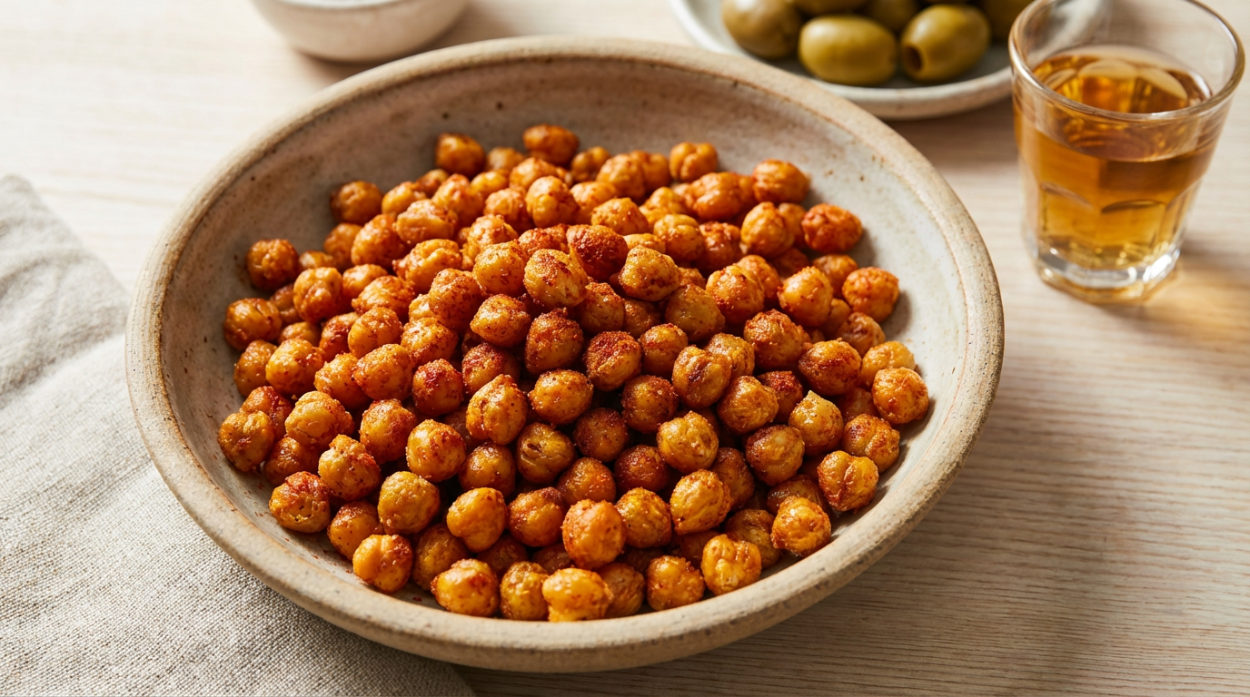 Gyldne ristede kikærter med krydderier i skål til tapas