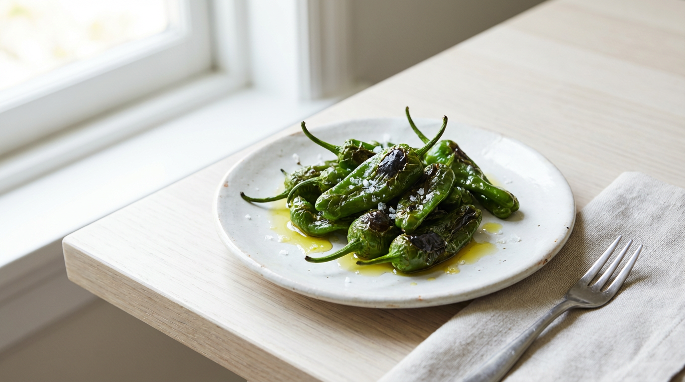 Blærede grønne padron-peber med groft salt på fad