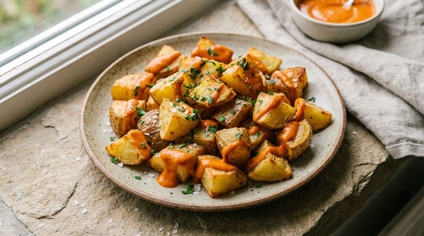Gyldne patatas bravas med tomat-paprika sauce på fad