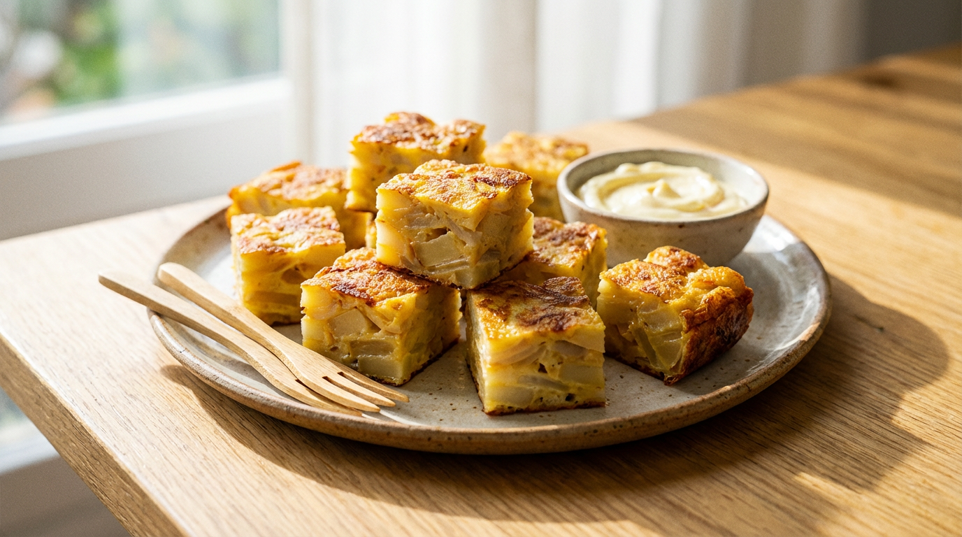 Små gyldne tortilla-bites med kartoffel og æg på tapasfad