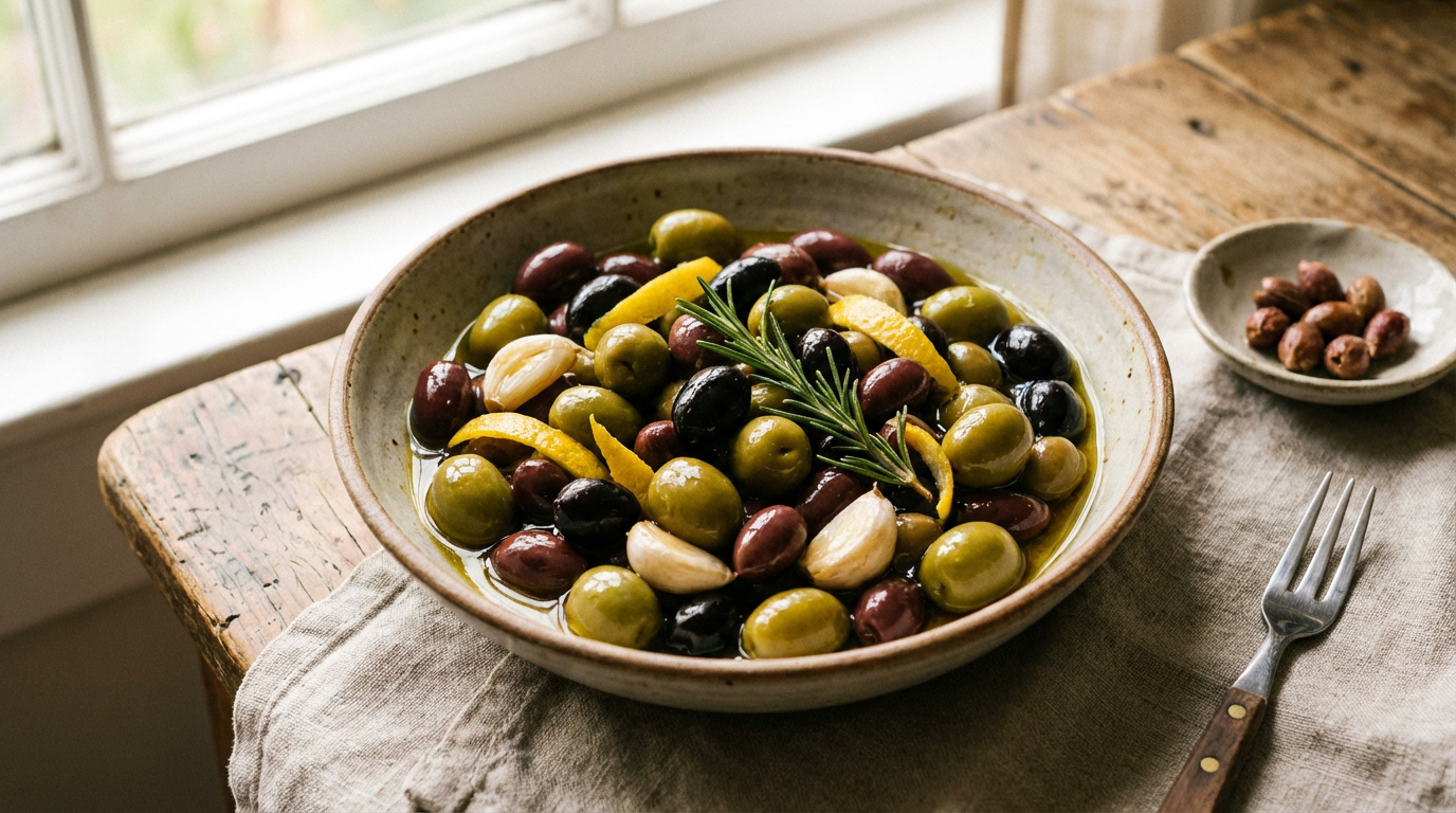 Varme oliven med citron og urter i lille skål til tapas