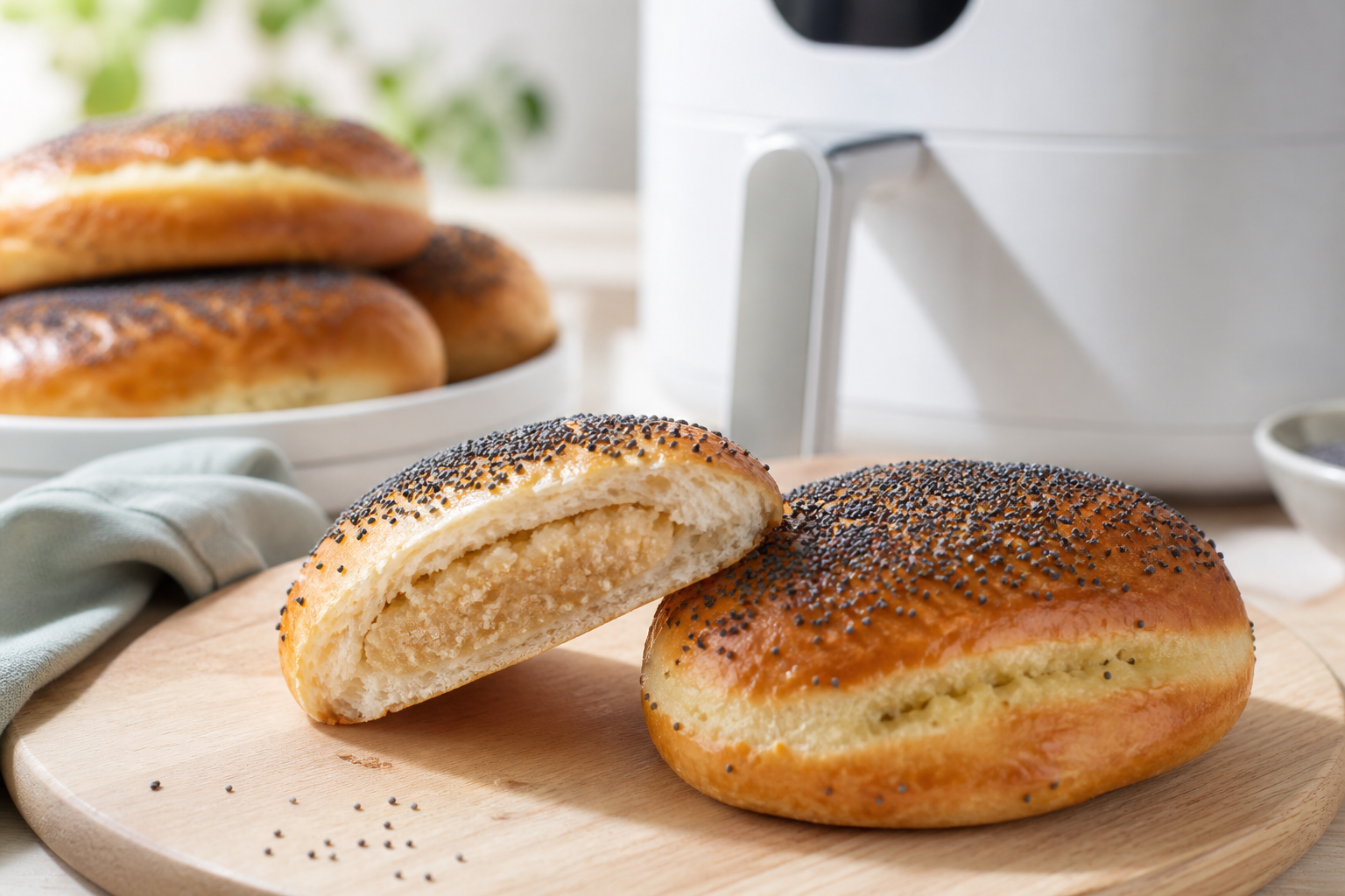 Gyldne tebirkes med valmuefrø og remonce på træfad foran airfryer
