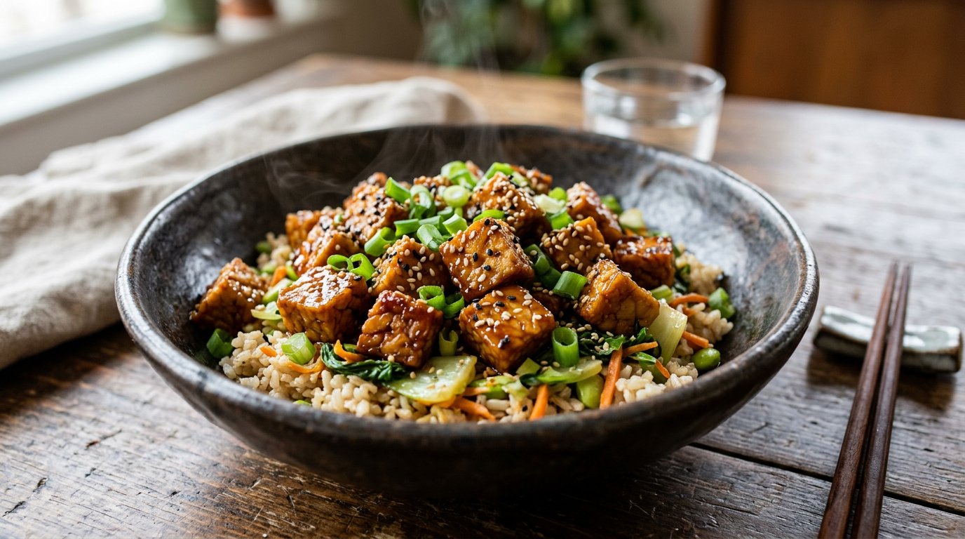 Skål med gyldne tempeh-tern, sesam og forårsløg, damp fra airfryer-kurv