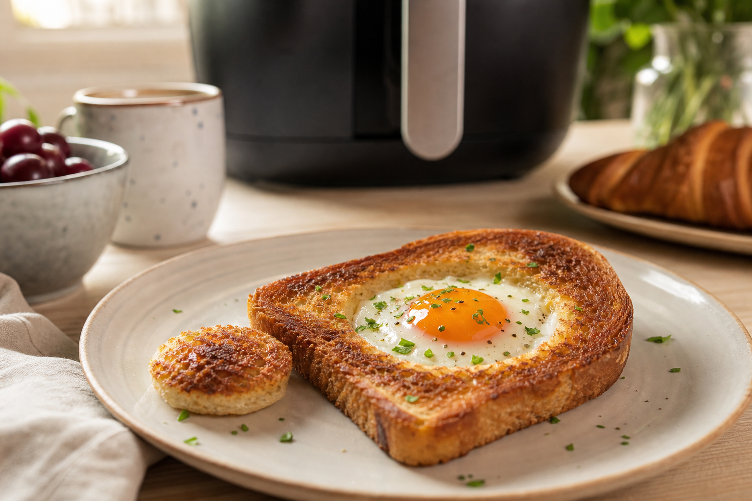 Gyldent toast-brød med æg i hullet på tallerken ved morgenbord, lys venlig fotostil, airfryer i baggrunden blødt fokuseret.