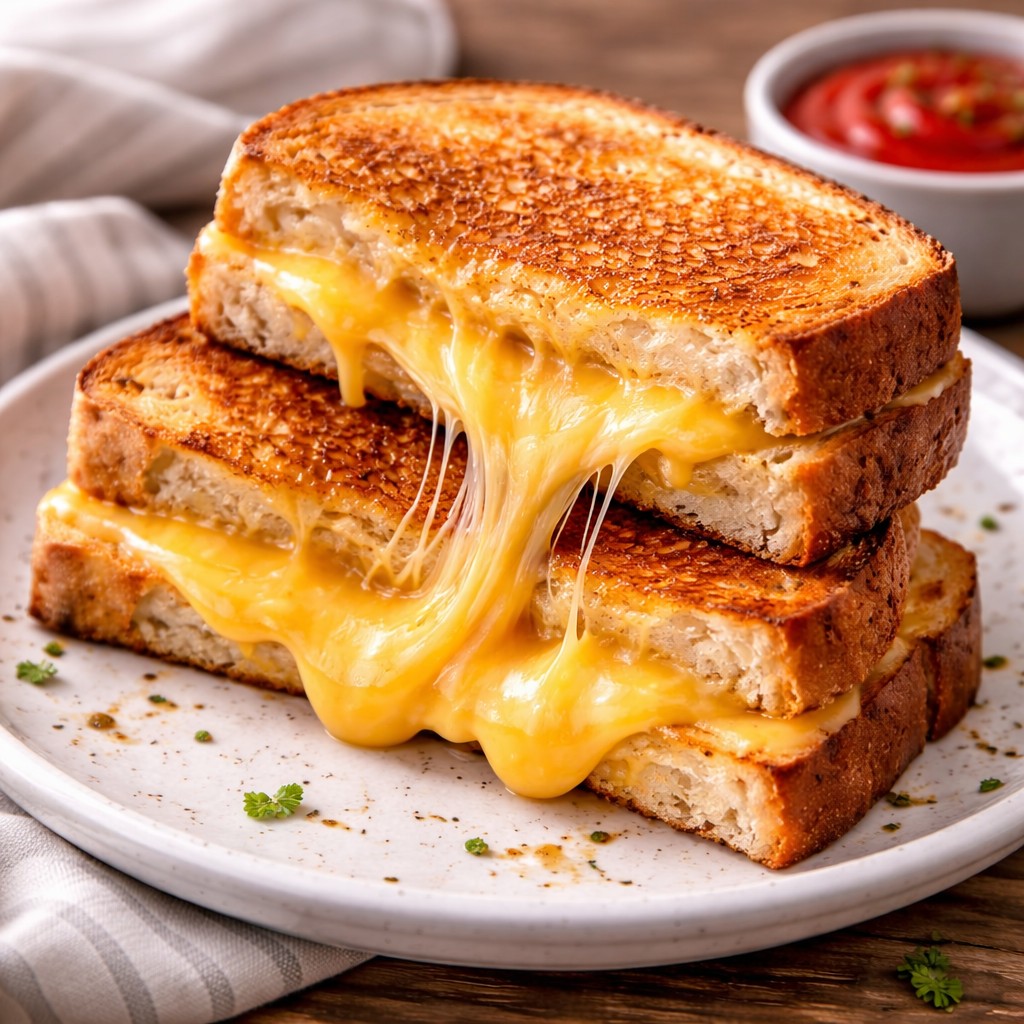 To stablede grillede ostetoasts med gyldent brød, flydende gul ost og ketchup til dip på tallerken
