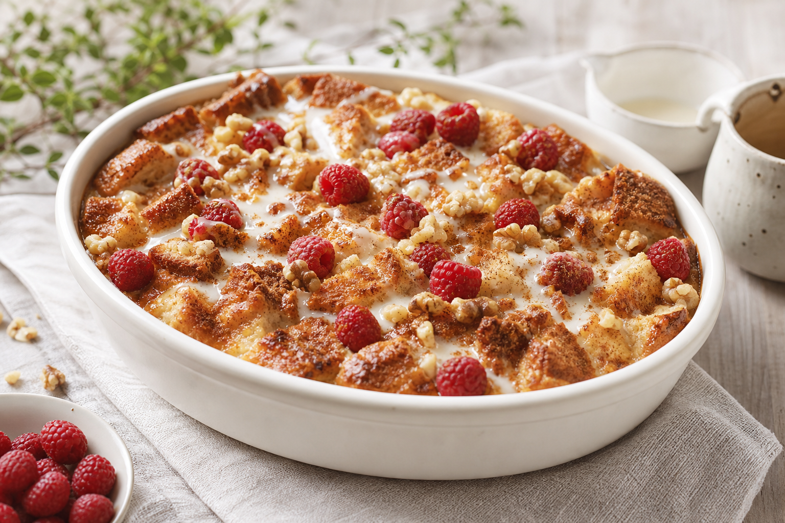 Brødpudding med hindbær, valnødder og kanel i fad