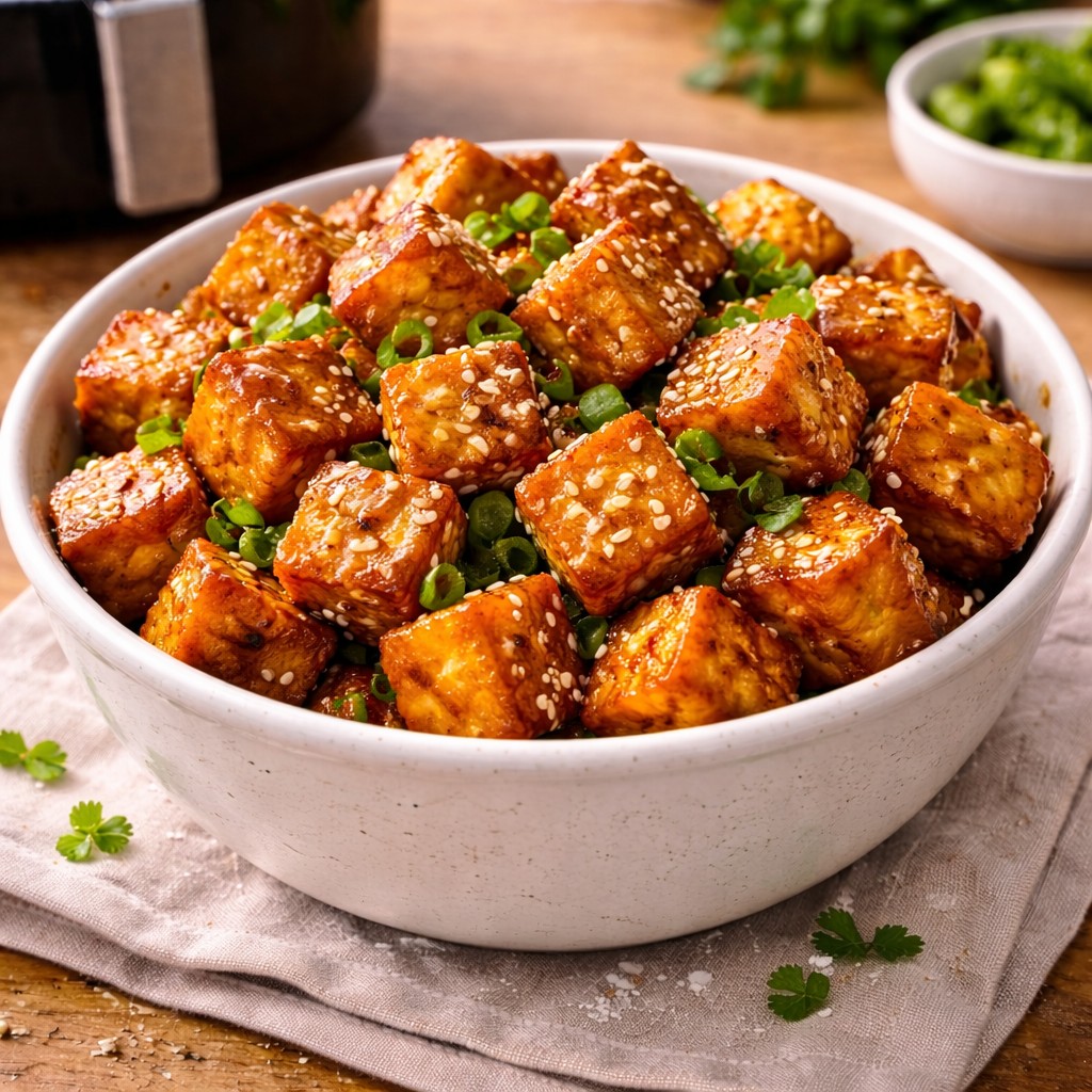 Skål med gyldne tofu-tern med glaze, sesam og forårsløg på linned, airfryer i baggrunden