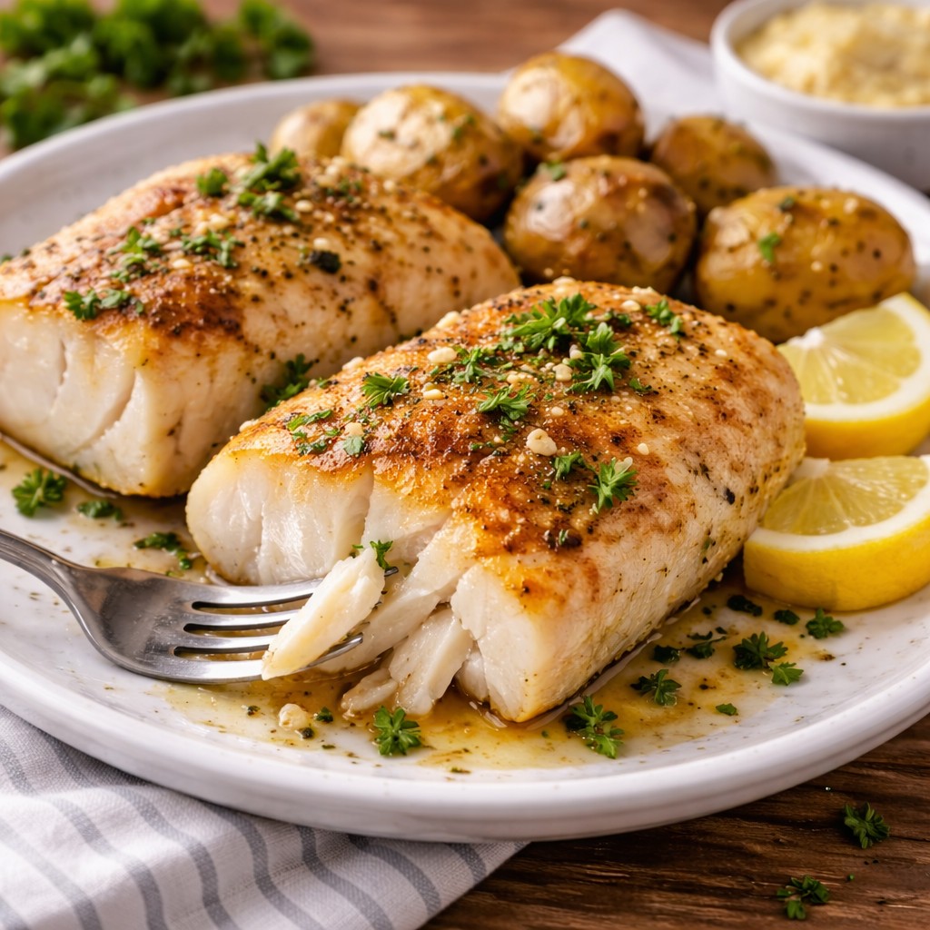 To torskefileter med persille, citron og små ristede kartofler på hvid tallerken