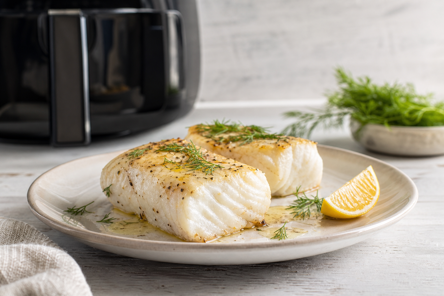 Tyk torskekød på tallerken med citron og urter ved siden af, lyst nordisk foto, luftfriteuse i baggrunden ud af skarphed.