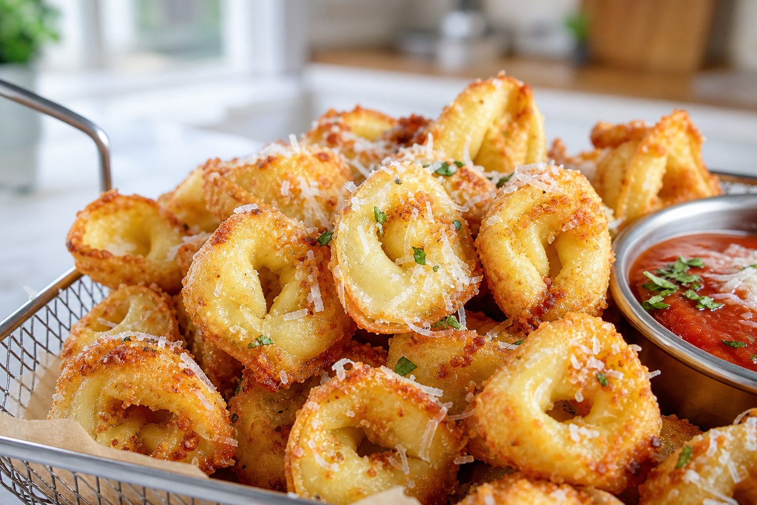 Gyldne parmesan-tortellini-snacks på fad med krydderi