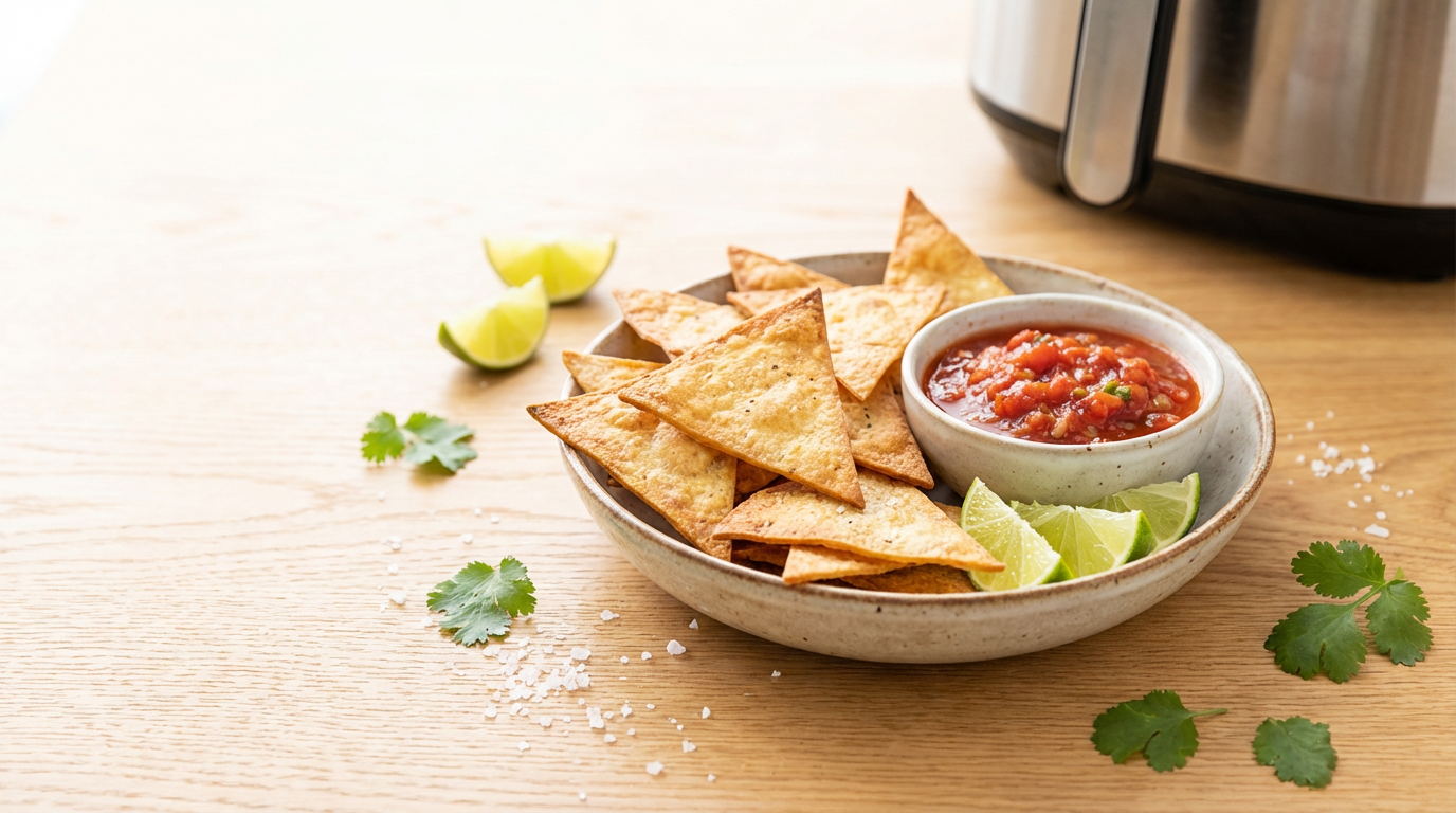 Skål med gyldne hjemmelavede tortilla chips, lime og lille skål salsa, knasende detalje, lyst køkken og airfryer i baggrunden