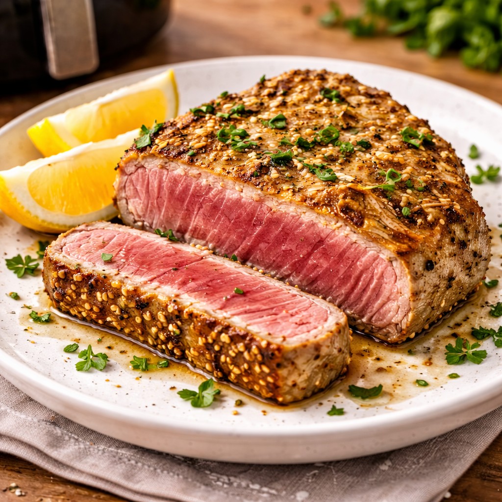 Sesam- og peberkrydret tunsteak med rosa midte, citronbåde og friske urter på tallerken foran airfryer.