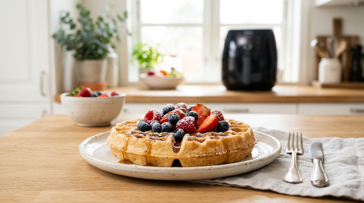 Belgisk vaffel med bær og sirup, lyst køkken og airfryer i blødt fokus