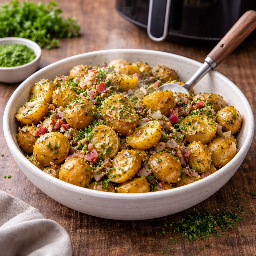 Varm kartoffelsalat med urter og sennepsdressing i skål på træbord foran en airfryer