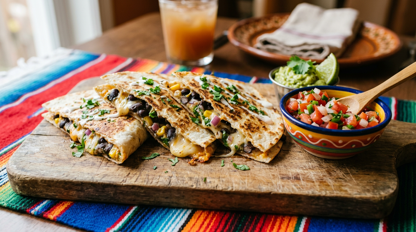 Skårne vegetar quesadillas med sorte bønner og salsa på bræt