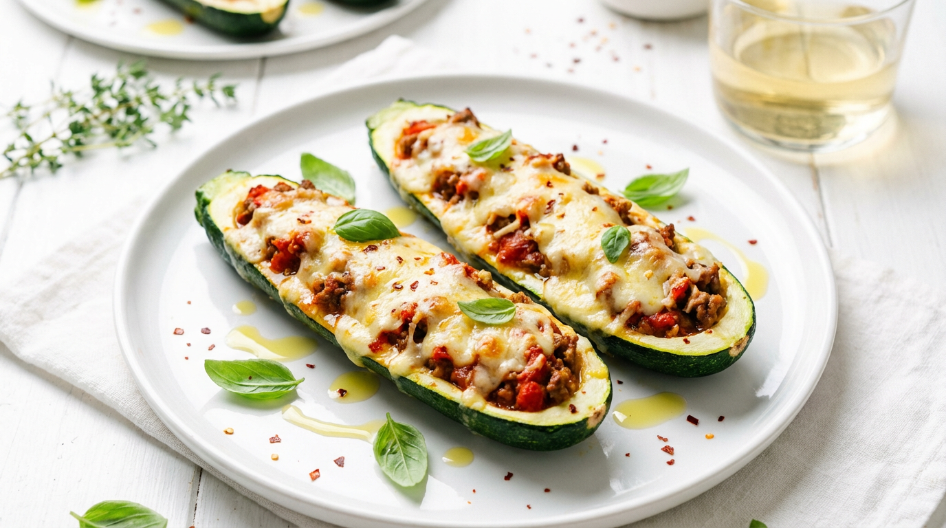 To fyldte zucchini både med smeltet ost og urter på hvid tallerken, lyst høj-key madfoto